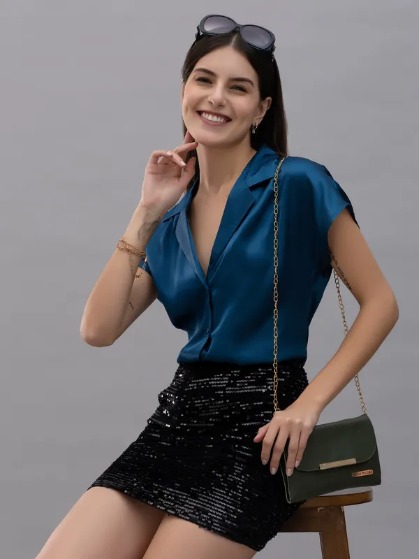 Blue_Satin_Solid_Short_Sleeve_Hip_Length_Shirt_For_Women