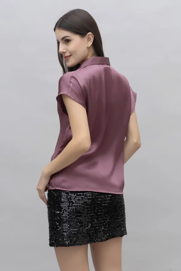 Purple_Satin_Solid_Short_Sleeve_Hip_Length_Shirt_For_Women