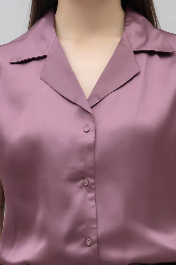 Purple_Satin_Solid_Short_Sleeve_Hip_Length_Shirt_For_Women