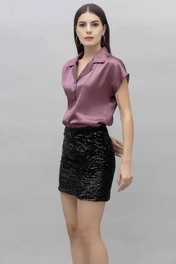 Purple_Satin_Solid_Short_Sleeve_Hip_Length_Shirt_For_Women