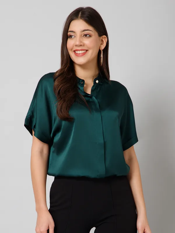 Dark_Green_Satin_Solid_Short_Sleeve_Hip_Length_Shirt_For_Women