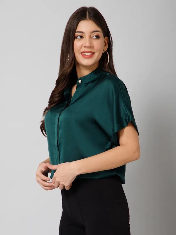 Dark_Green_Satin_Solid_Short_Sleeve_Hip_Length_Shirt_For_Women
