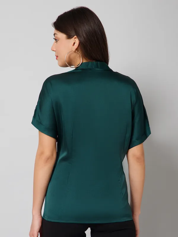 Dark_Green_Satin_Solid_Short_Sleeve_Hip_Length_Shirt_For_Women