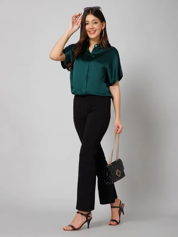 Dark_Green_Satin_Solid_Short_Sleeve_Hip_Length_Shirt_For_Women
