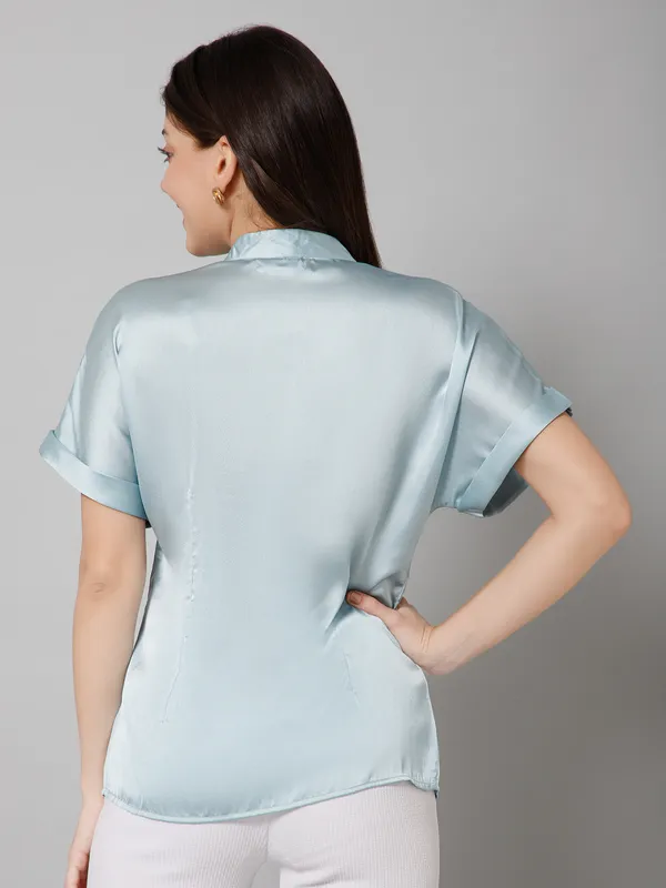 Light_Blue_Satin_Solid_Short_Sleeve_Hip_Length_Shirt_For_Women