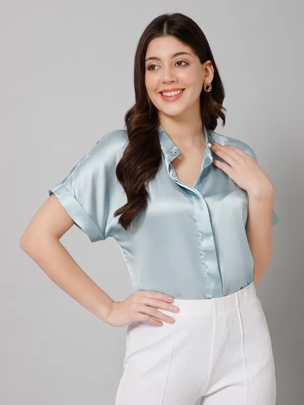 Light_Blue_Satin_Solid_Short_Sleeve_Hip_Length_Shirt_For_Women