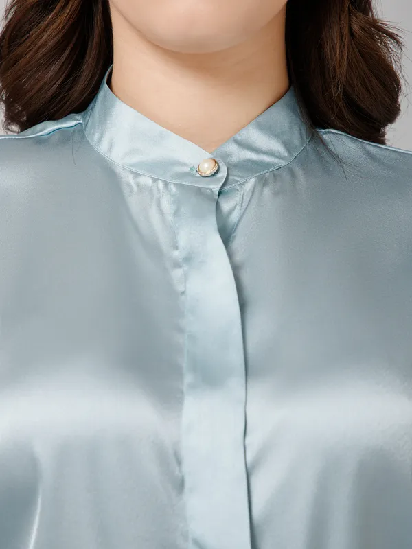 Light_Blue_Satin_Solid_Short_Sleeve_Hip_Length_Shirt_For_Women