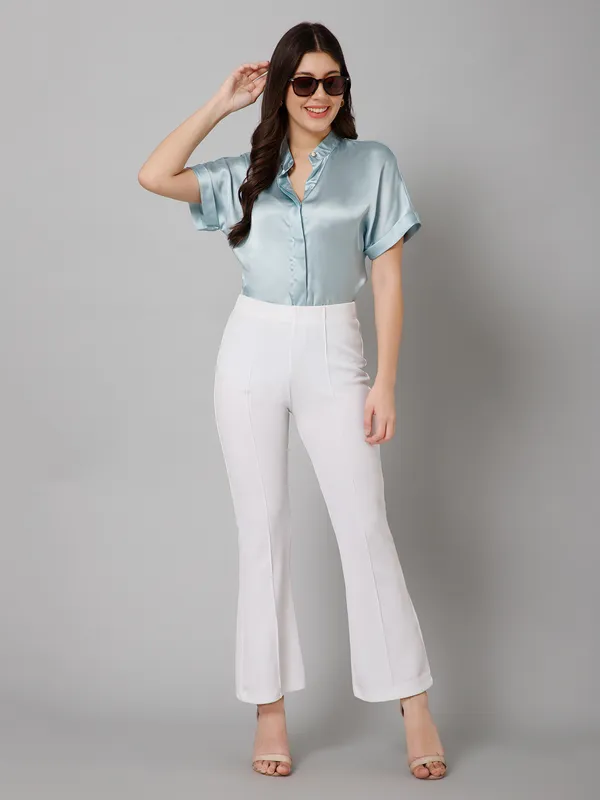 Light_Blue_Satin_Solid_Short_Sleeve_Hip_Length_Shirt_For_Women