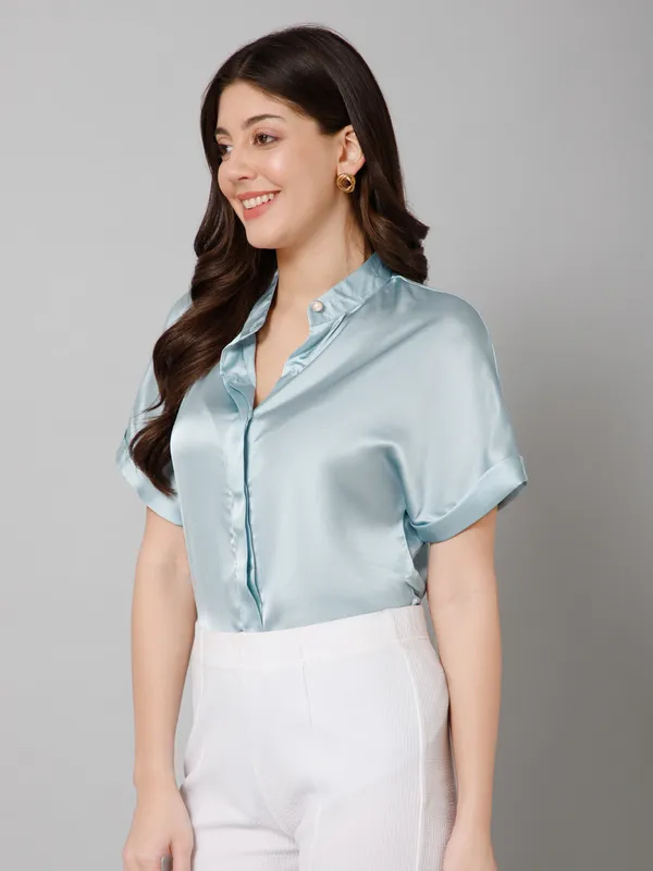 Light_Blue_Satin_Solid_Short_Sleeve_Hip_Length_Shirt_For_Women