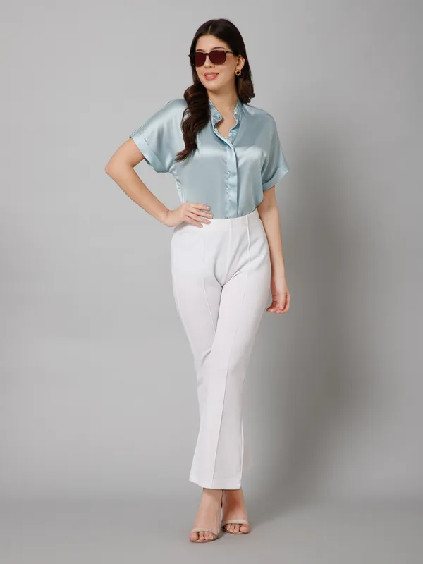 Light_Blue_Satin_Solid_Short_Sleeve_Hip_Length_Shirt_For_Women
