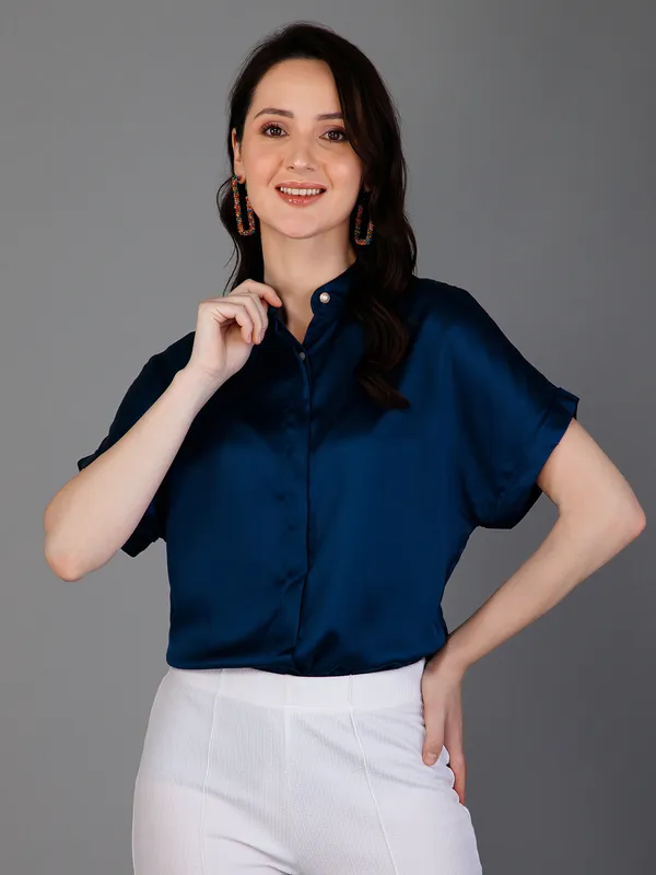 Blue_Satin_Solid_Short_Sleeve_Hip_Length_Shirt_For_Women
