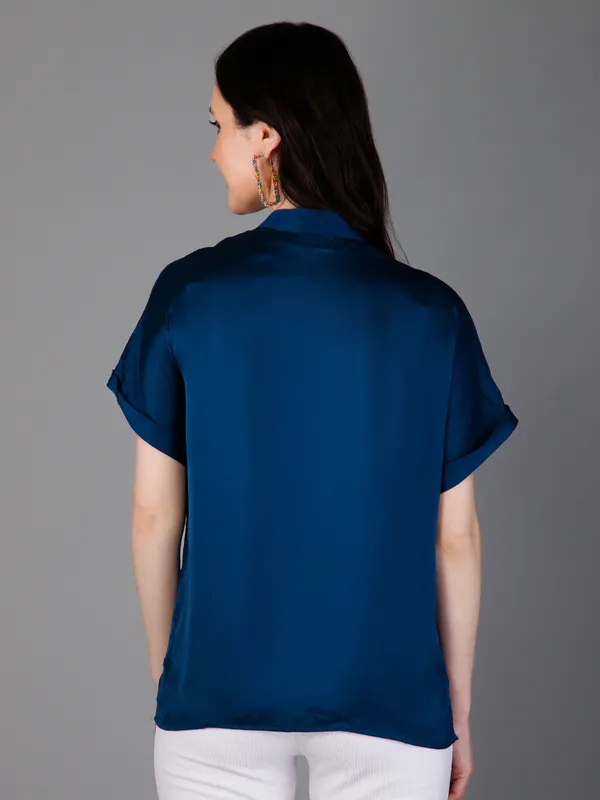 Blue_Satin_Solid_Short_Sleeve_Hip_Length_Shirt_For_Women