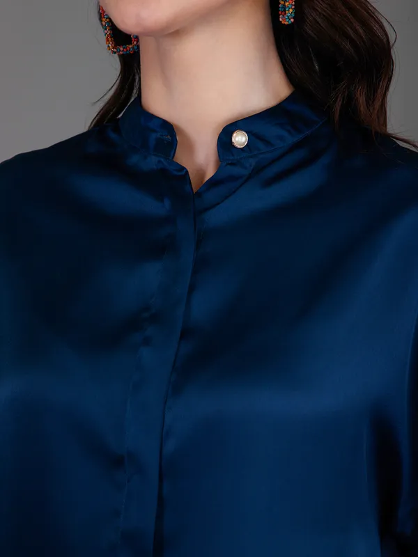 Blue_Satin_Solid_Short_Sleeve_Hip_Length_Shirt_For_Women