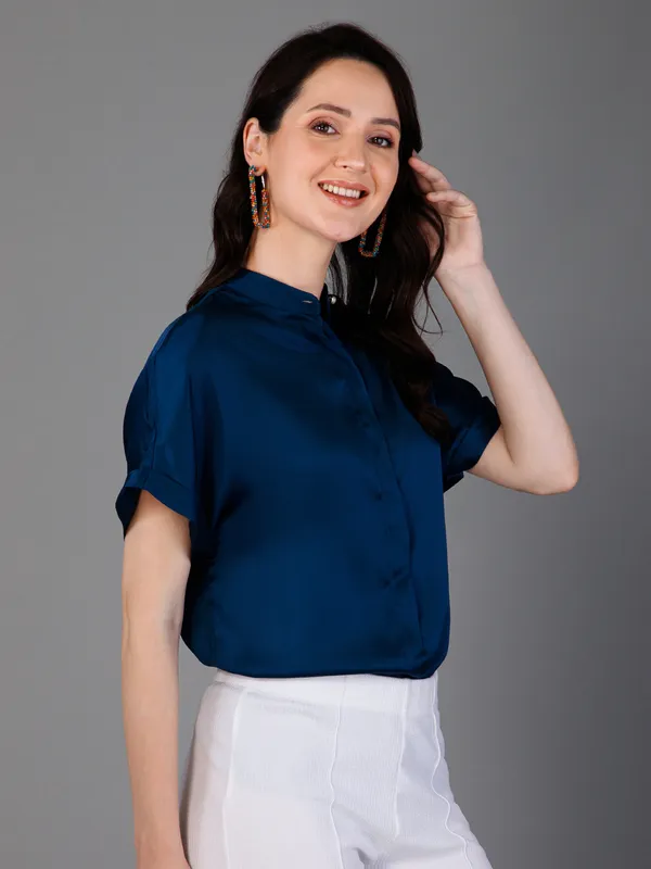 Blue_Satin_Solid_Short_Sleeve_Hip_Length_Shirt_For_Women