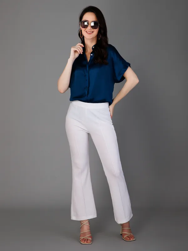 Blue_Satin_Solid_Short_Sleeve_Hip_Length_Shirt_For_Women