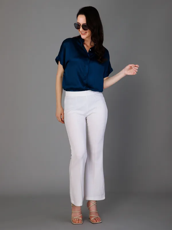 Blue_Satin_Solid_Short_Sleeve_Hip_Length_Shirt_For_Women