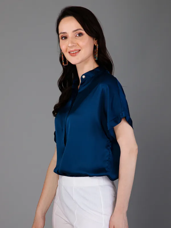 Blue_Satin_Solid_Short_Sleeve_Hip_Length_Shirt_For_Women