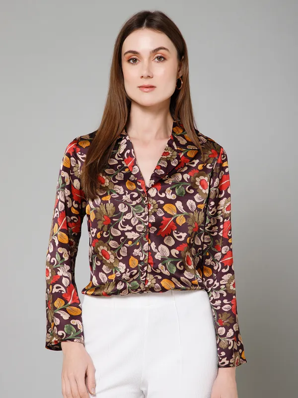 Maroon,_Beige_&_Yellow_Satin_Floral_Print_Full_Sleeve_Spread_Collar_Hip_Length_Shirt_For_Women_&_Girls