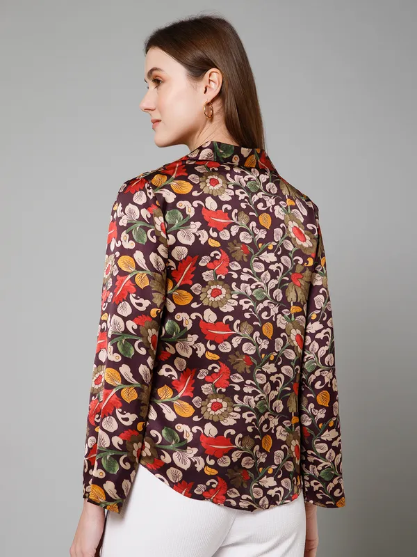 Maroon,_Beige_&_Yellow_Satin_Floral_Print_Full_Sleeve_Spread_Collar_Hip_Length_Shirt_For_Women_&_Girls