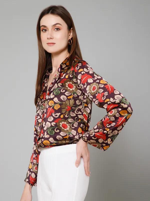 Maroon,_Beige_&_Yellow_Satin_Floral_Print_Full_Sleeve_Spread_Collar_Hip_Length_Shirt_For_Women_&_Girls