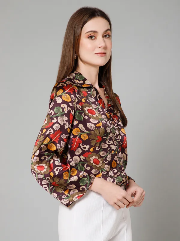 Maroon,_Beige_&_Yellow_Satin_Floral_Print_Full_Sleeve_Spread_Collar_Hip_Length_Shirt_For_Women_&_Girls