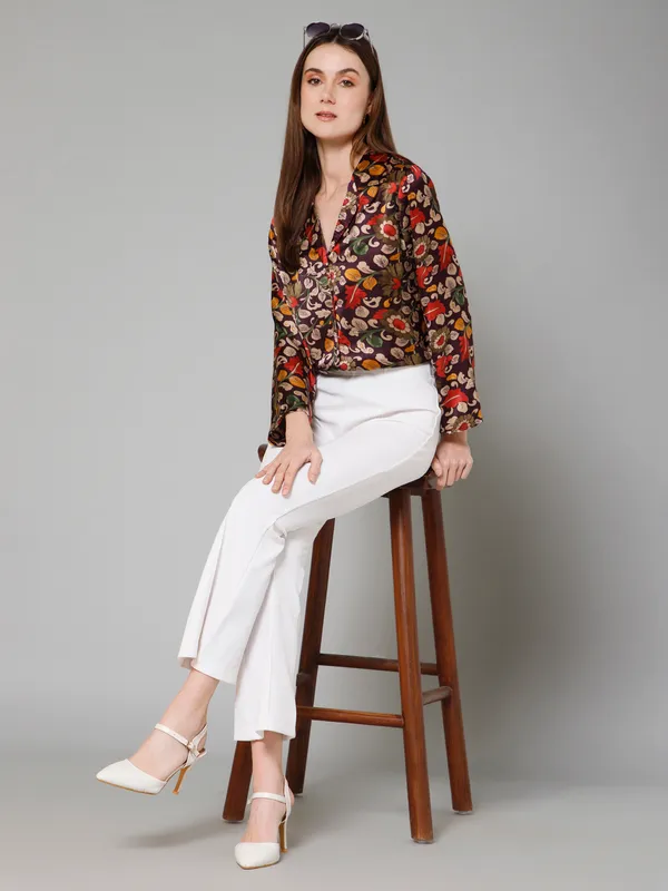 Maroon,_Beige_&_Yellow_Satin_Floral_Print_Full_Sleeve_Spread_Collar_Hip_Length_Shirt_For_Women_&_Girls