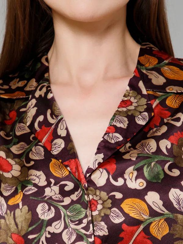 Maroon,_Beige_&_Yellow_Satin_Floral_Print_Full_Sleeve_Spread_Collar_Hip_Length_Shirt_For_Women_&_Girls