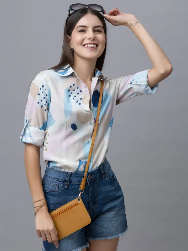 White_&_Blue_Linen_Blend_Abstract_Full_Sleeve_Spread_Collar_Hip_Length_Shirt_For_Women_&_Girls