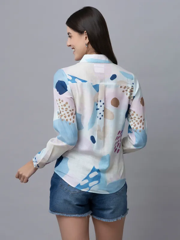 White_&_Blue_Linen_Blend_Abstract_Full_Sleeve_Spread_Collar_Hip_Length_Shirt_For_Women_&_Girls