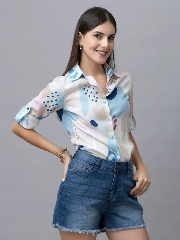 White_&_Blue_Linen_Blend_Abstract_Full_Sleeve_Spread_Collar_Hip_Length_Shirt_For_Women_&_Girls