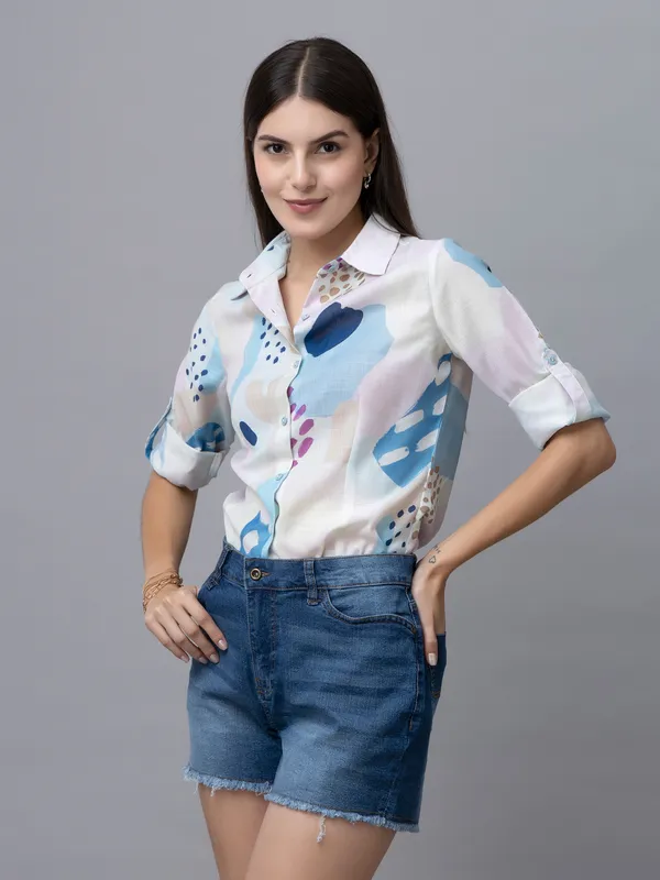 White_&_Blue_Linen_Blend_Abstract_Full_Sleeve_Spread_Collar_Hip_Length_Shirt_For_Women_&_Girls