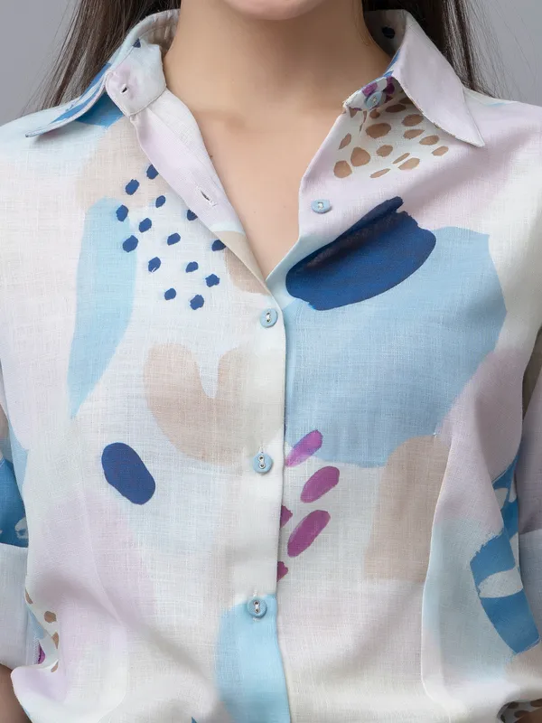 White_&_Blue_Linen_Blend_Abstract_Full_Sleeve_Spread_Collar_Hip_Length_Shirt_For_Women_&_Girls