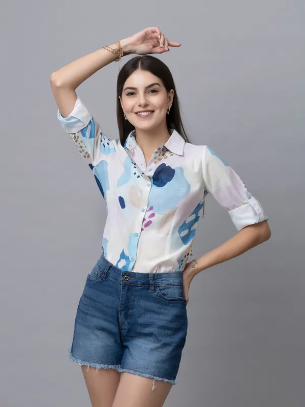 White_&_Blue_Linen_Blend_Abstract_Full_Sleeve_Spread_Collar_Hip_Length_Shirt_For_Women_&_Girls