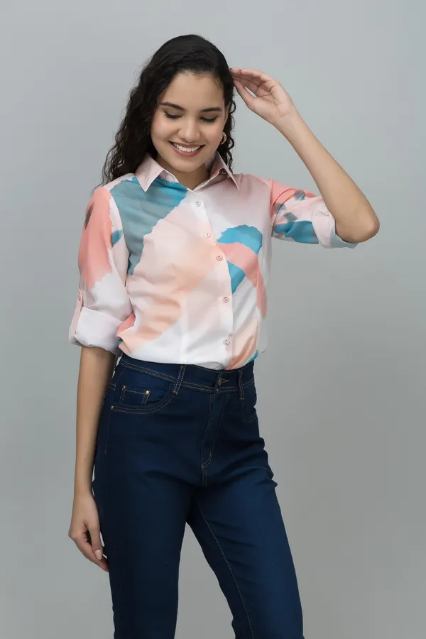 Orange,_White_&_Blue_Linen_Blend_Abstract_Full_Sleeve_Spread_Collar_Hip_Length_Shirt_For_Women_&_Girls