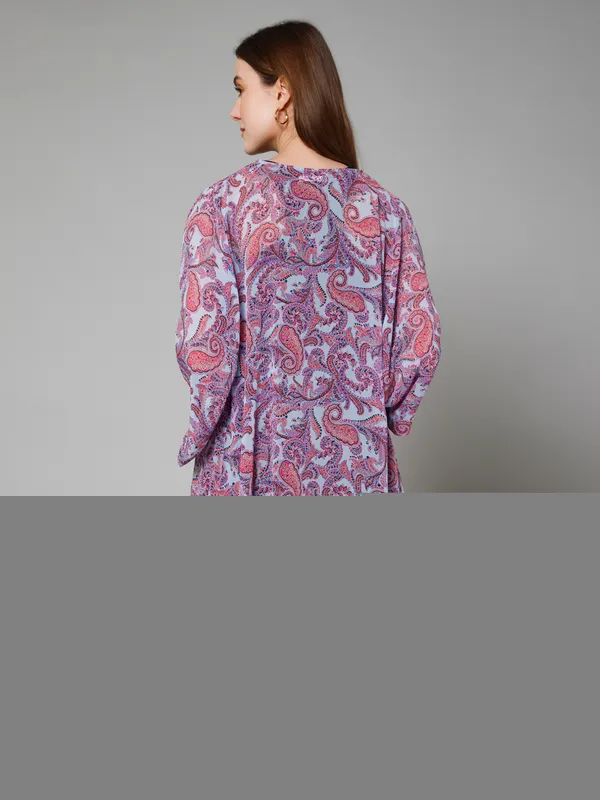 Purple_&_Blue_Georgette_Printed_3/4Th_Sleeve_Thigh_Length_Kimono_Style_Shrug_For_Women_&_Girls