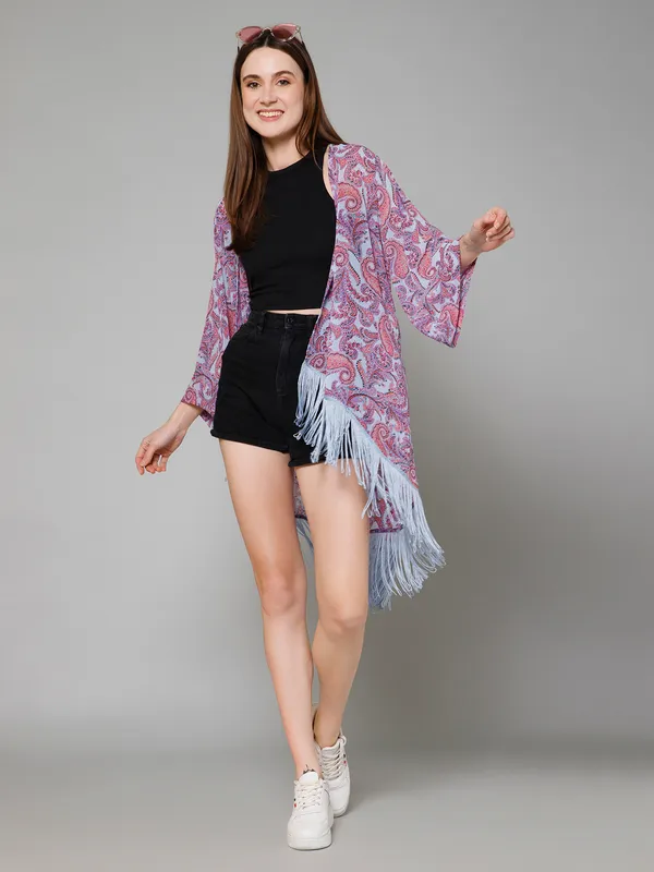 Purple_&_Blue_Georgette_Printed_3/4Th_Sleeve_Thigh_Length_Kimono_Style_Shrug_For_Women_&_Girls