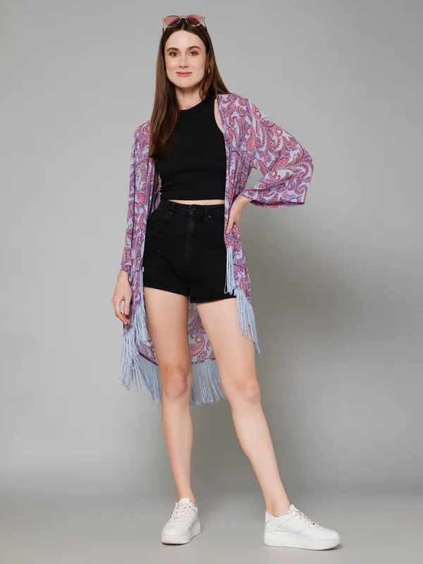 Purple_&_Blue_Georgette_Printed_3/4Th_Sleeve_Thigh_Length_Kimono_Style_Shrug_For_Women_&_Girls