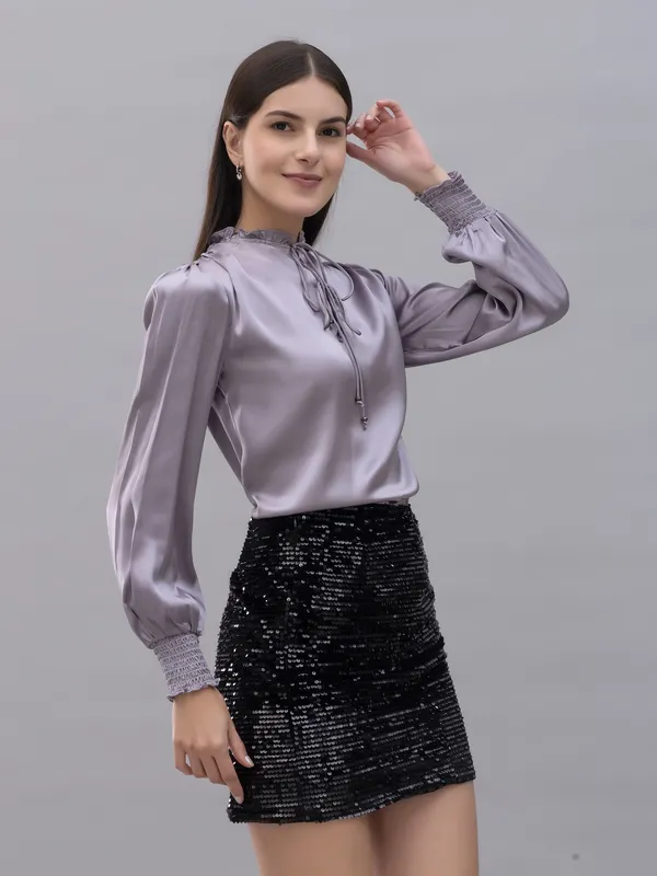 Purple_Satin_Tie-Up_Solid_Bishop_Sleeve_Hip_Length_Blouson_Top_For_Women