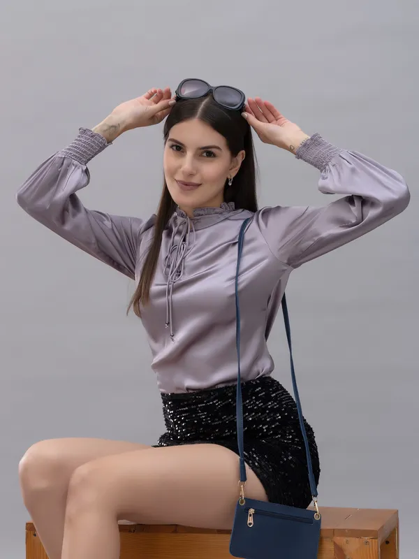Purple_Satin_Tie-Up_Solid_Bishop_Sleeve_Hip_Length_Blouson_Top_For_Women