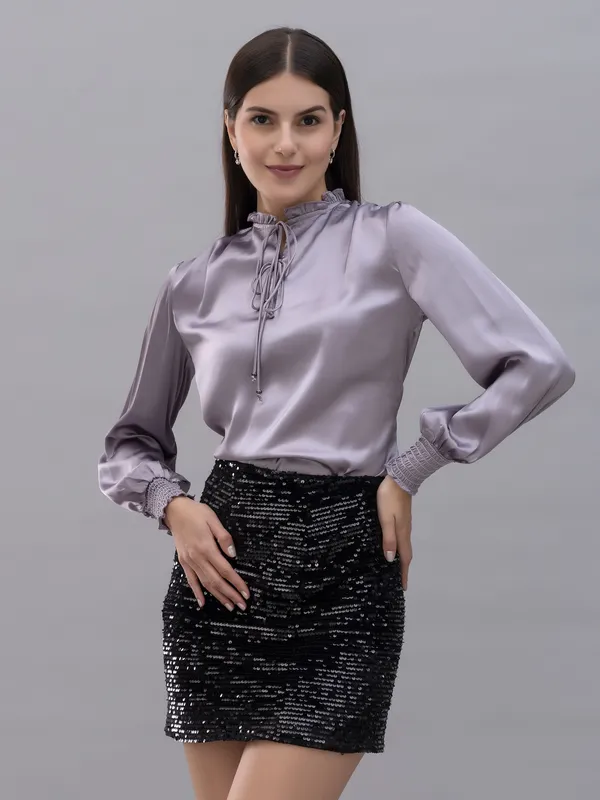 Purple_Satin_Tie-Up_Solid_Bishop_Sleeve_Hip_Length_Blouson_Top_For_Women