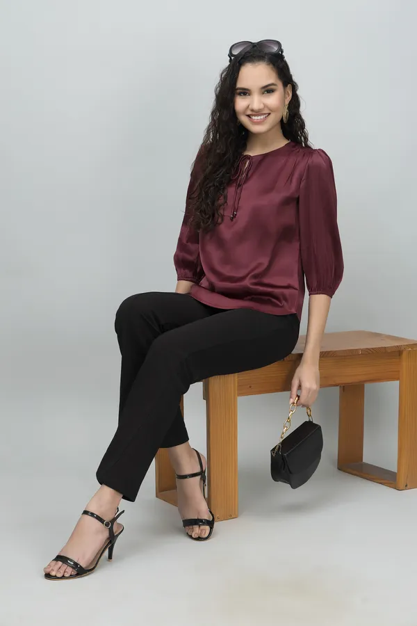 Maroon_Satin_Tie-Up_Printed_Regular_Sleeves_Hip_Length_Regular_Top_For_Women