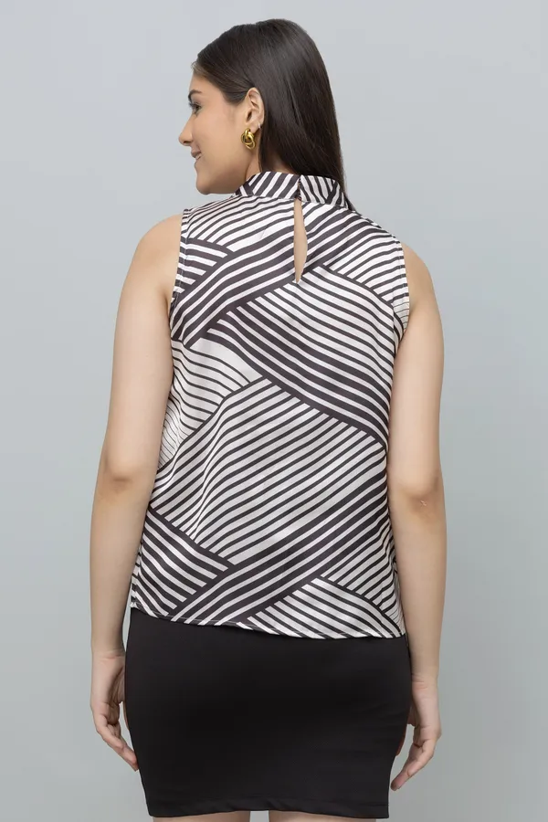 Geometric_Print_Sleeveless_Tie_Neck_Top