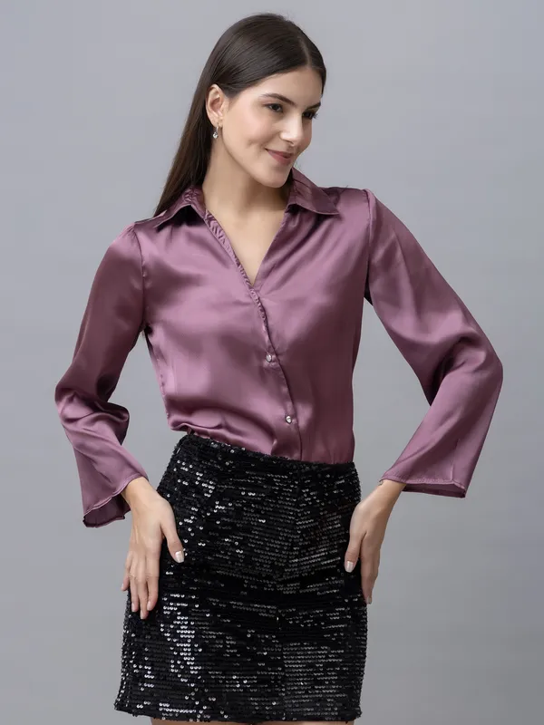 Purple_Satin_Solid_Full_Sleeve_Hip_Length_Shirt_For_Women