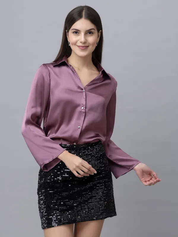 Purple_Satin_Solid_Full_Sleeve_Hip_Length_Shirt_For_Women