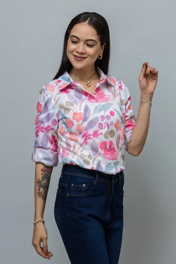 Multicolor_Linen_Blend_Printed_Roll-Up_Sleeve_Hip_Length_Shirt_For_Women