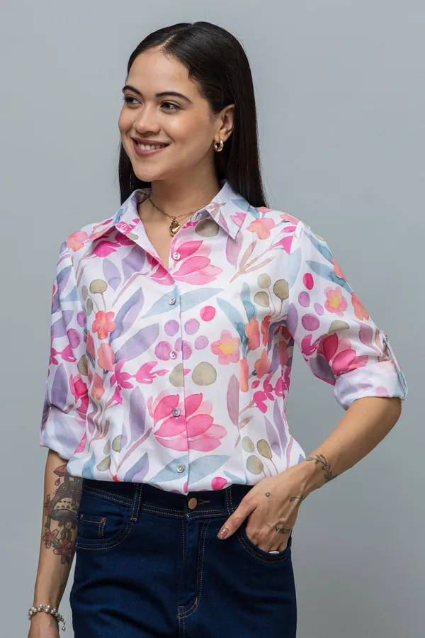 Multicolor_Linen_Blend_Printed_Roll-Up_Sleeve_Hip_Length_Shirt_For_Women