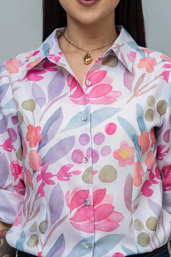 Multicolor_Linen_Blend_Printed_Roll-Up_Sleeve_Hip_Length_Shirt_For_Women