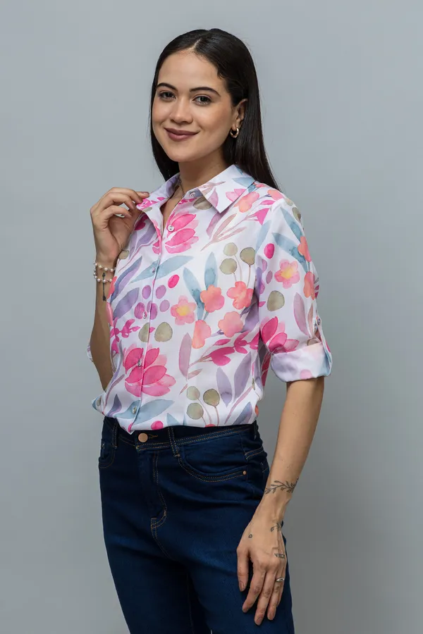 Multicolor_Linen_Blend_Printed_Roll-Up_Sleeve_Hip_Length_Shirt_For_Women