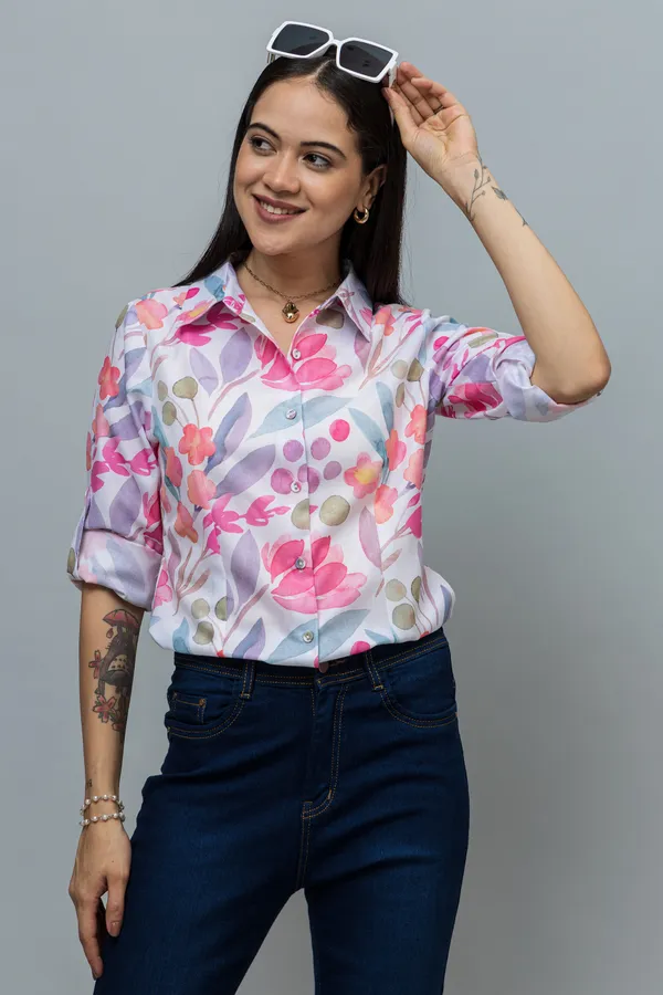 Multicolor_Linen_Blend_Printed_Roll-Up_Sleeve_Hip_Length_Shirt_For_Women