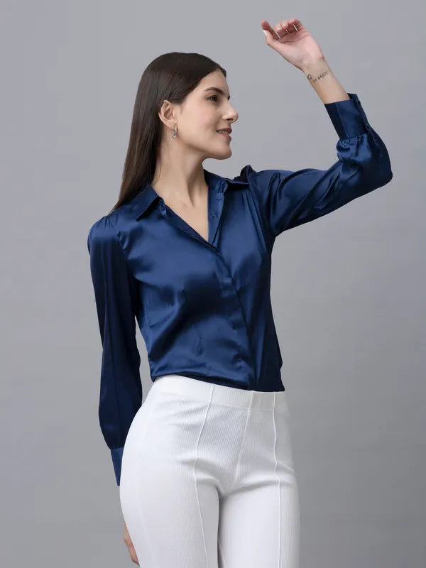 Dark_Blue_Satin_Solid_Full_Sleeve_Hip_Length_Shirt_For_Women